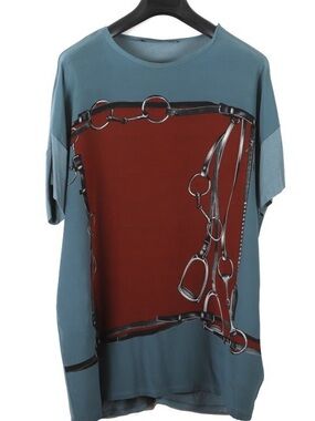 GUCCI HORSEBIT STYLISH BLUE 100% SILK TUNIC TOP TSHIRT Large